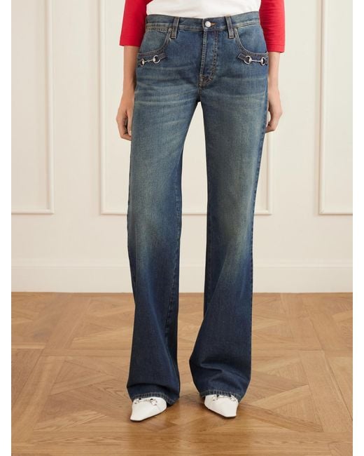 Gucci Blue Horsebit-Embellished Mid-Rise Wide-Leg Jeans