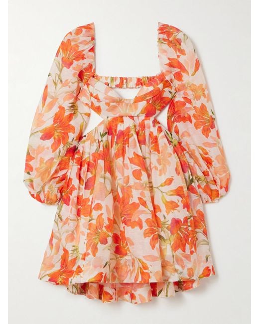 Zimmermann Orange Tranquility Open-Back Floral-Print Linen And Silk-Blend Voile Mini Dress