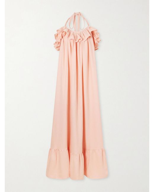 Marrakshi Life Pink Ruffled Striped Cotton Maxi Dress