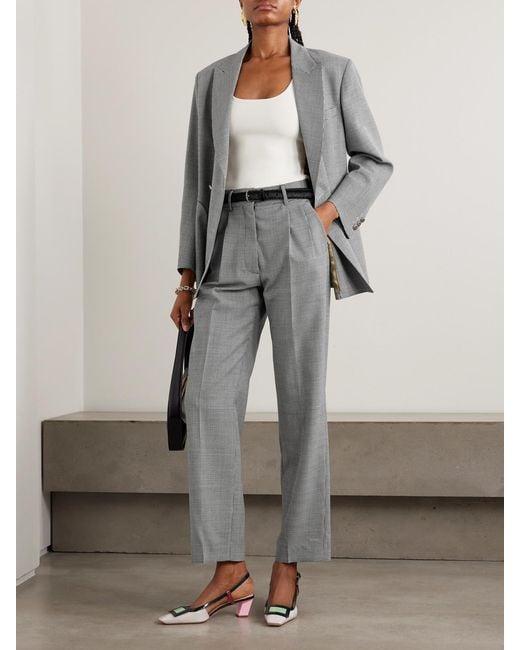 Blazé Milano Gray Fox Pleated Houndstooth Wool-Twill Straight-Leg Pants