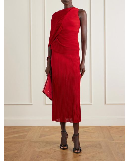 Balmain Red Plissé-Crepe Midi Skirt