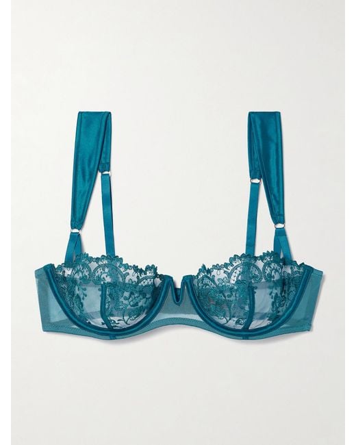 Kiki de Montparnasse Blue Juliette Satin-Trimmed Embroidered Tulle Soft-Cup Underwired Balconette Bra