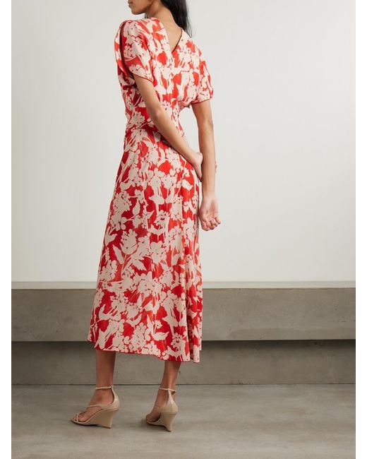 Victoria Beckham Gathered Floral-Print Crepe Midi Dress | Lyst