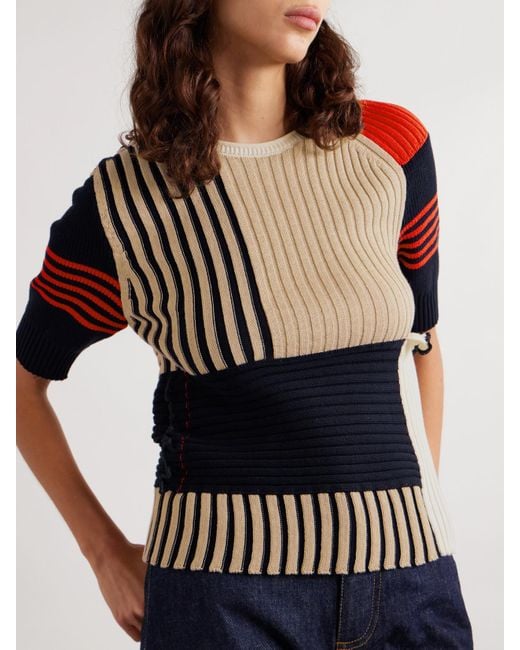 Bottega Veneta Blue Patchwork Ruffled Striped Ribbed Cotton Sweater