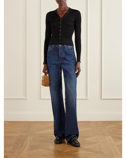Saint Laurent Blue Ribbed Lace-Trimmed Wool, Cashmere And Silk-Blend Cardigan