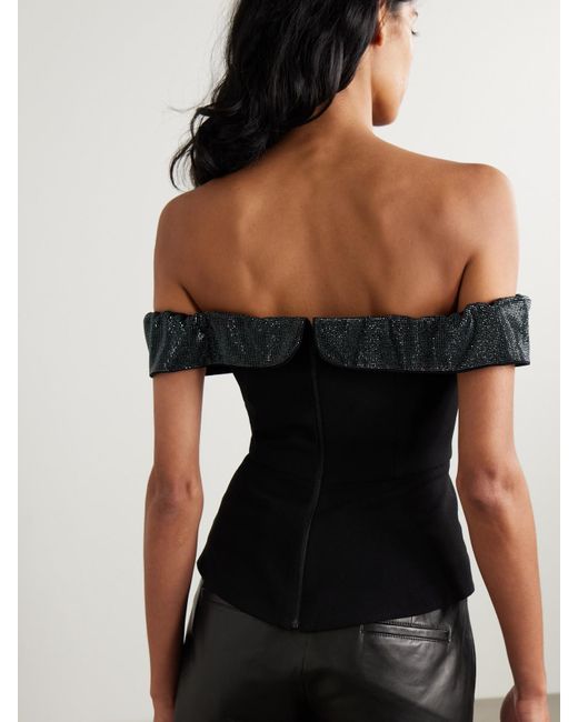 Self-Portrait Black Off-The-Shoulder Bow And Crystal-Embellished Crepe Top