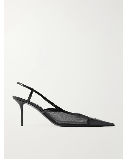 Saint Laurent Natural Renée Embroidered Patent Leather-Trimmed Mesh Slingback Pumps