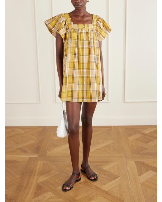 Sea Yellow Copeland Plaid Cotton-Poplin Mini Dress
