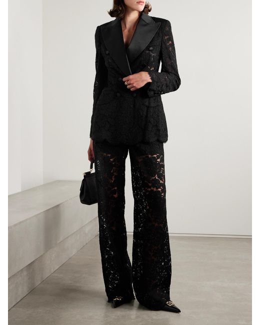 Dolce & Gabbana Black Double-Breasted Satin-Trimmed Corded Lace Blazer