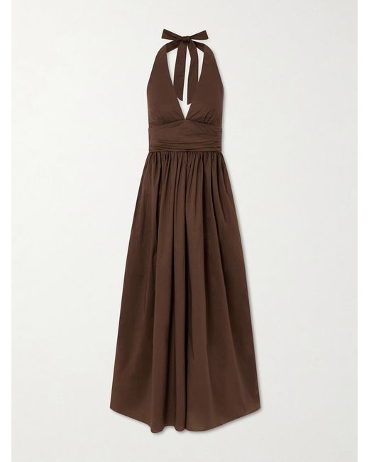 Matteau Brown Gathered Organic Cotton-Poplin Halterneck Maxi Dress