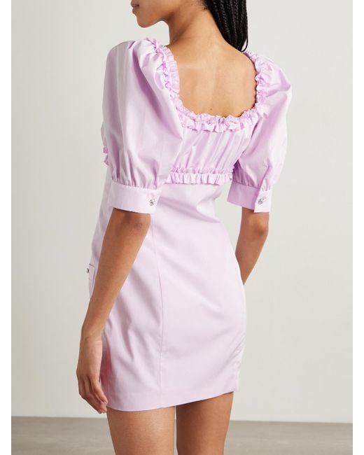 Alessandra Rich Pink Velvet-Trimmed Ruffled Cotton-Poplin Mini Dress
