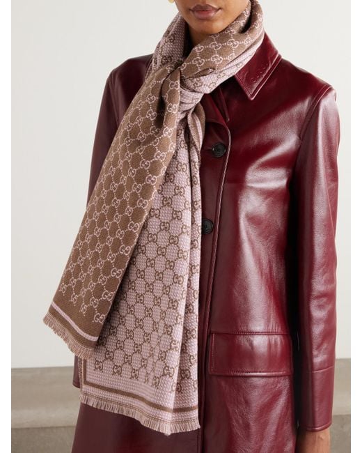 Gucci Pink Fringed Metallic Wool-Jacquard Scarf