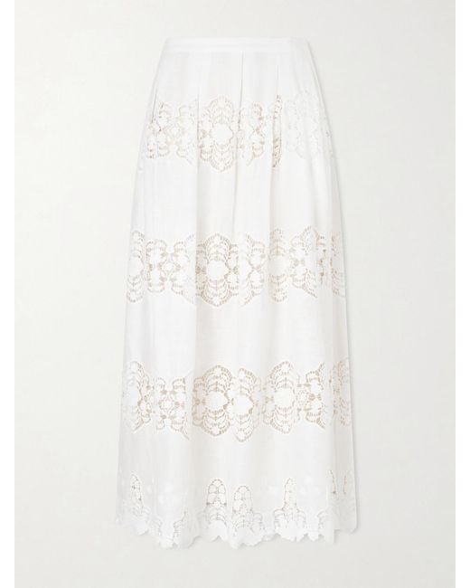 Miguelina White Carissa Embroidered Cotton And Linen-Blend Midi Skirt