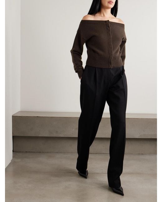Tom Ford Brown Off-The-Shoulder Cropped Embroidered Cashmere Cardigan