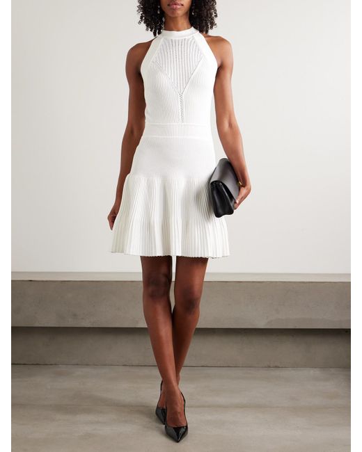 Balmain White Minikleid Aus Geripptem Pointelle-Strick