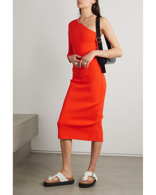 Victoria Beckham Red Vb Body One-Sleeve Stretch-Knit Midi Dress