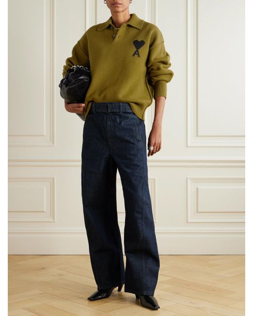 AMI Green Intarsia Wool Polo Sweater