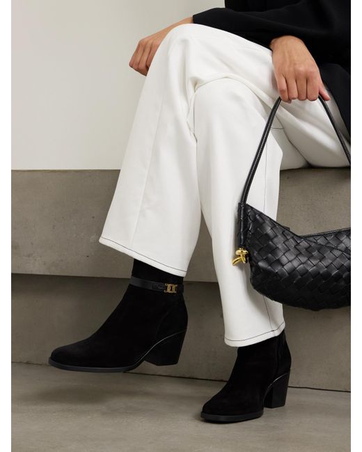Tod's Black Embellished Leather-Trimmed Suede Ankle Boots