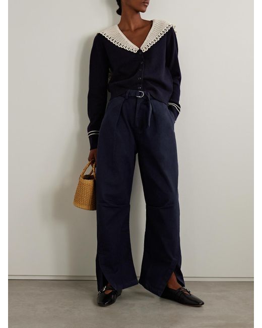 Sea Blue Carolyn Belted Pleated Cotton-Canvas Barrel-Leg Pants