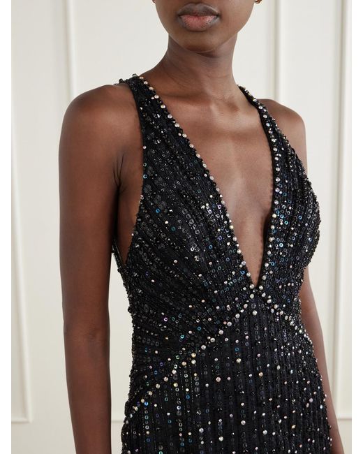 Jenny Packham Black Atlas Embellished Cut-Out Satin Gown