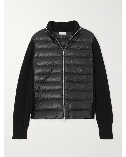 Moncler Black Cardigan Aus Wolle Und Gestepptem Shell Mit Daunenfüllung