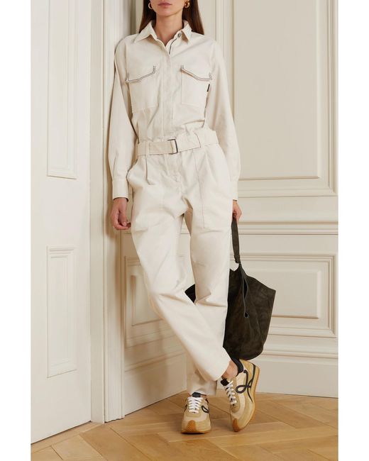 Brunello Cucinelli Natural Belted Bead-Embellished Cotton-Blend Drill Jumpsuit