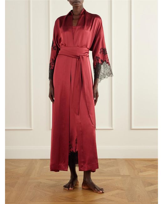 Carine Gilson Belted Lace-Embroidered Silk-Satin Robe