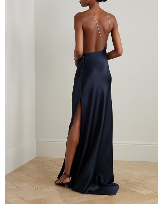 Victoria Beckham Chain-Embellished Draped Satin Halterneck Gown in Blue | Lyst UK Victoria Beckham Chain-Embellished Draped Satin Halterneck Gown in Blue | Lyst UK