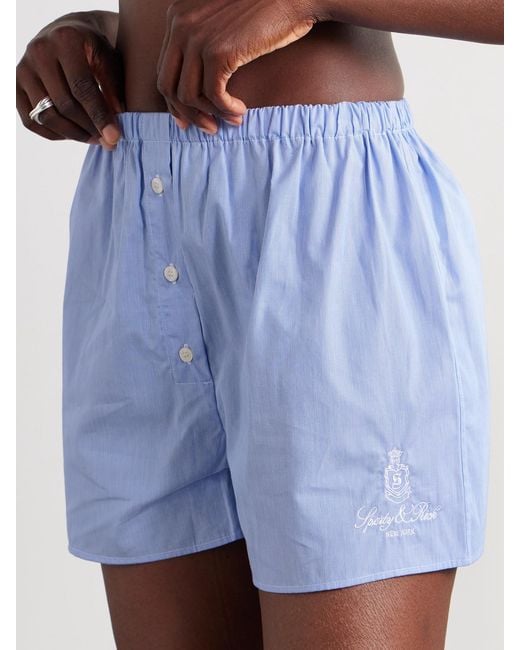 Sporty & Rich Blue Vendome Embroidered Pinstriped Cotton-Poplin Shorts