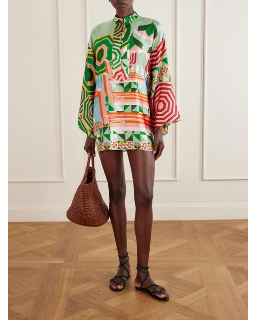 Christiano Marchelli Green Maria Printed Silk-Blend Satin Coverup