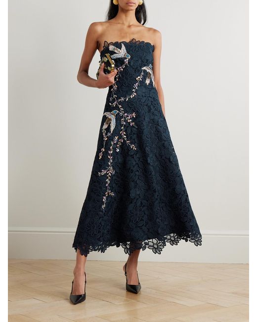 Costarellos Blue Toma Strapless Embellished Guipure Lace Midi Dress