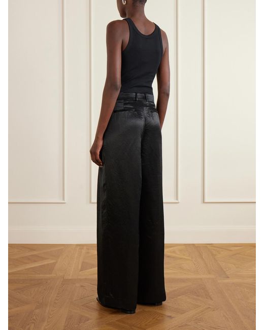 Abadia Black Pleated Satin High-Waist Wide-Leg Pants