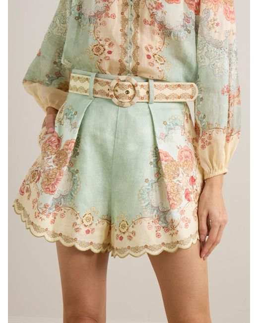 Zimmermann Blue Daylight Shorts Aus Bedrucktem Leinen Mit Bundfalten, Wellenkanten Und Gürtel