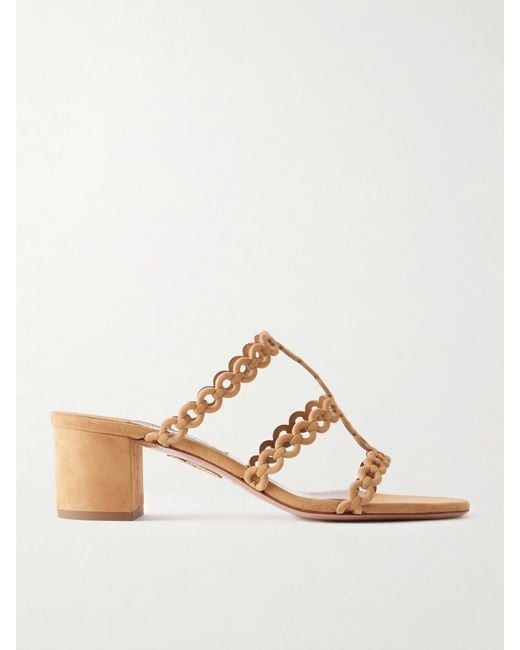 Aquazzura Brown Infinity Chain Perforated Suede Mules