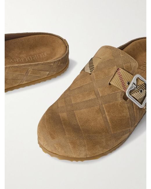 Burberry Brown Urchin Canvas-Jacquard Trimmed Textured-Suede Clogs