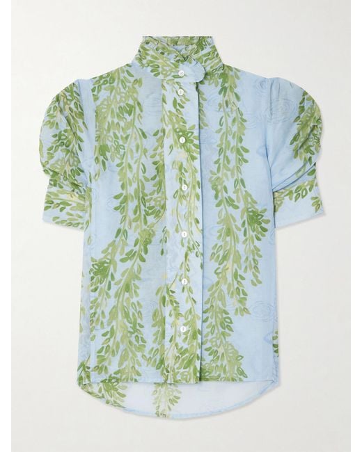 Thierry Colson Blue Vita Ruffled Floral-Print Cotton-Voile Shirt