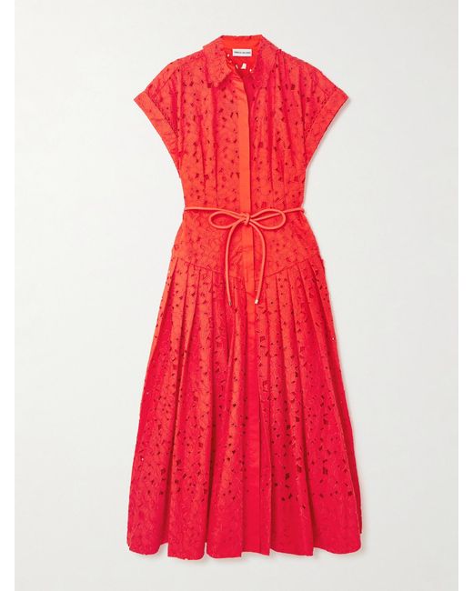 Rebecca Vallance Red Blaire Belted Guipure Lace Cotton Midi Shirt Dress