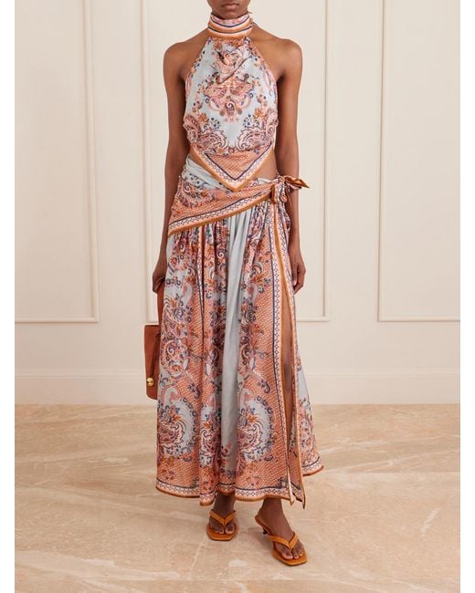 Zimmermann Pink Aster Floral-Print Silk-Satin Halterneck Top