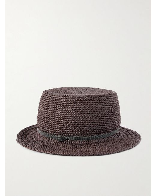 Brunello Cucinelli Brown Bead-Embellished Faux Raffia Bucket Hat