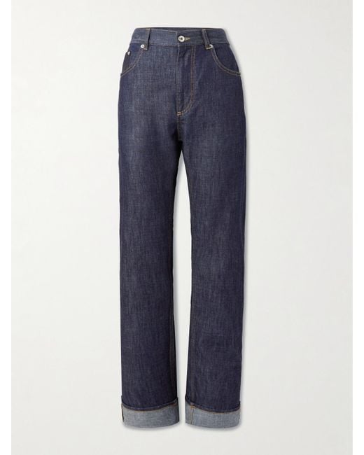 Bottega Veneta Blue Intrecciato Suede-Trimmed Mid-Rise Straight-Leg Jeans