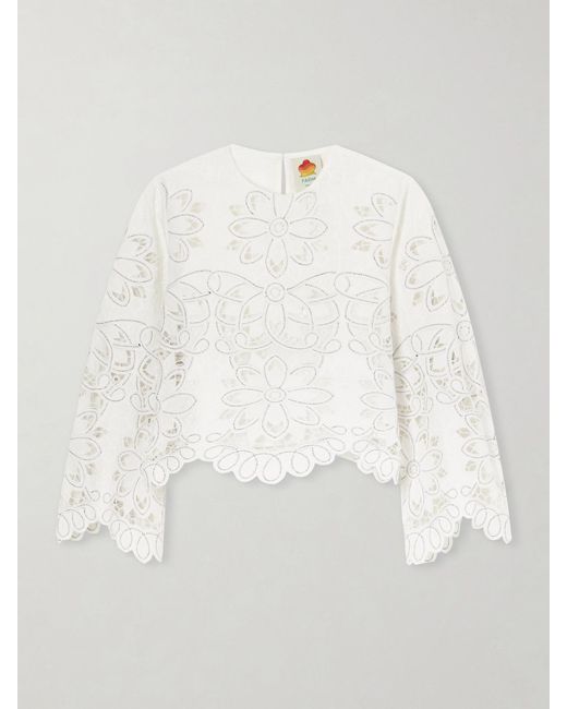 Farm Rio White Flowers Embroidered Cotton-Blend Blouse