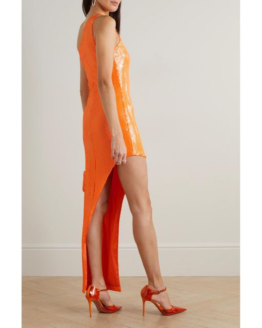 David Koma Orange One-Shoulder Asymmetric Sequined Crepe Midi Dress