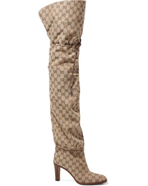 Gucci Leather-trimmed Logo-jacquard Over-the-knee Boots in Natural | Lyst