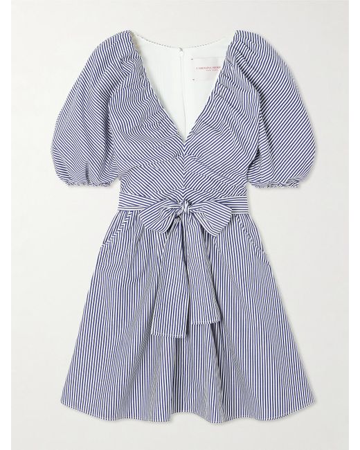 Carolina Herrera Purple Belted Striped Cotton-Poplin Mini Dress