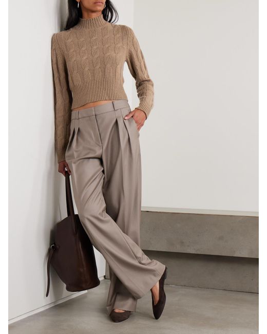 LeKasha Natural Murano Cropped Cable-Knit Organic Cashmere Turtleneck Sweater