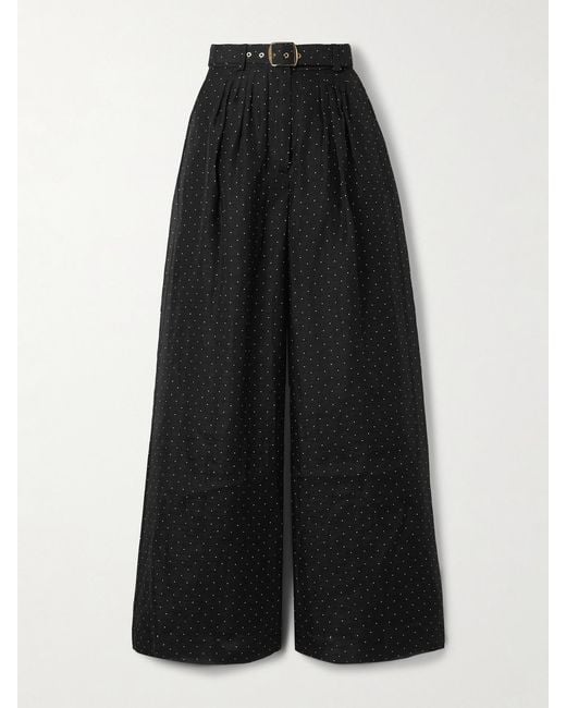 Zimmermann Black Belted Pleated Polka-Dot Linen And Silk-Blend Organza Wide-Leg Pants