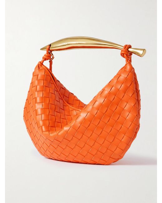 Bottega Veneta Orange Sardine Small Intrecciato Leather Shoulder Bag With Chain
