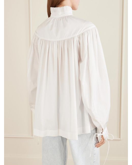 Dries Van Noten White Tie-Detailed Ruffled Gathered Cotton-Poplin Blouse