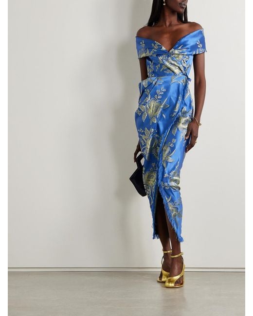 Etro Blue Off-The-Shoulder Fringed Floral-Brocade Midi Wrap Dress