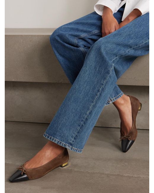 Aquazzura Brown Gioia Bow-Detailed Leather-Trimmed Suede Ballet Flats